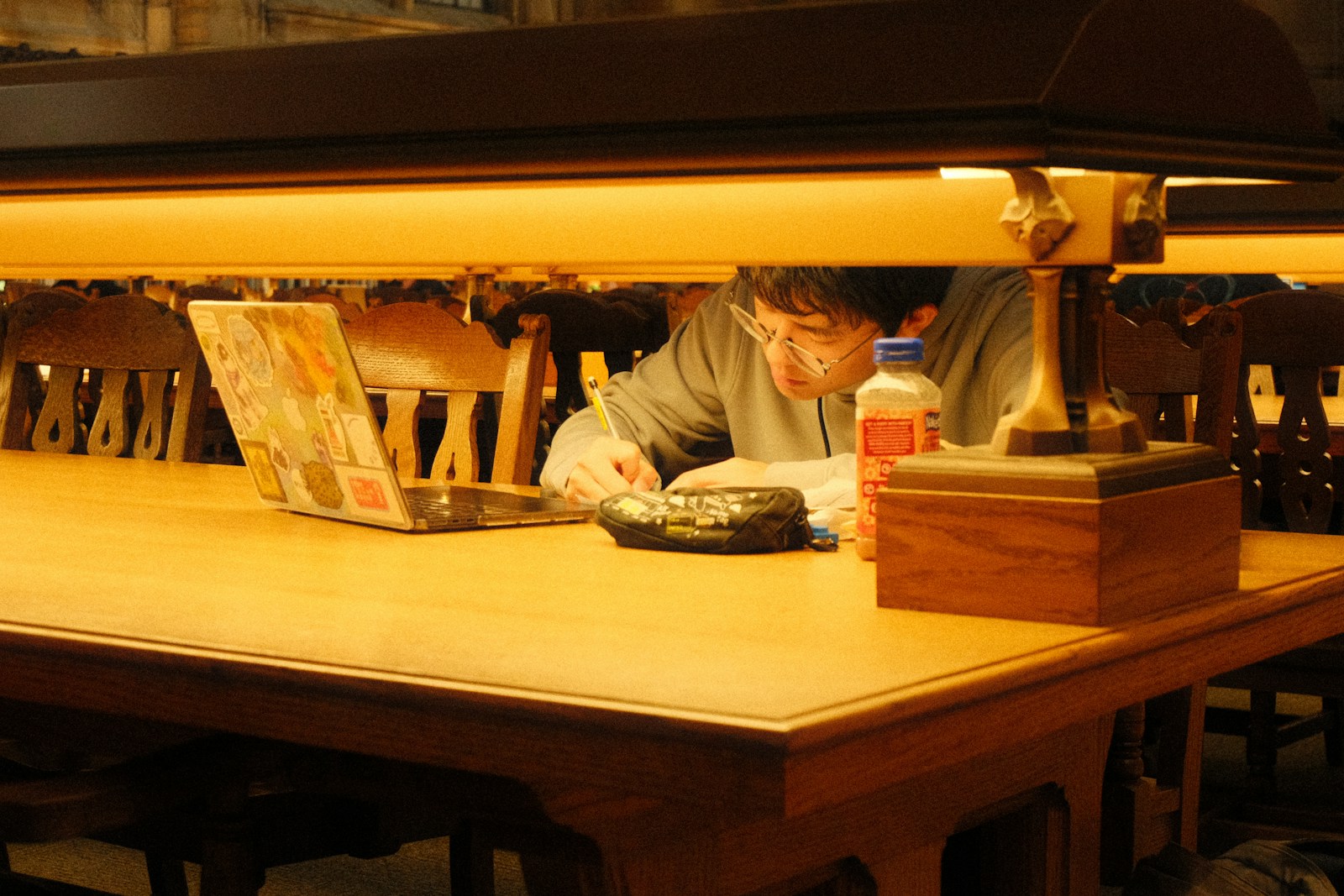A person studying with a laptop and notebook at a library table.