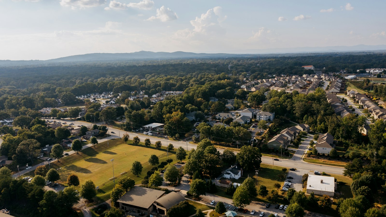 Aerial view of a suburban neighbourhood with trees