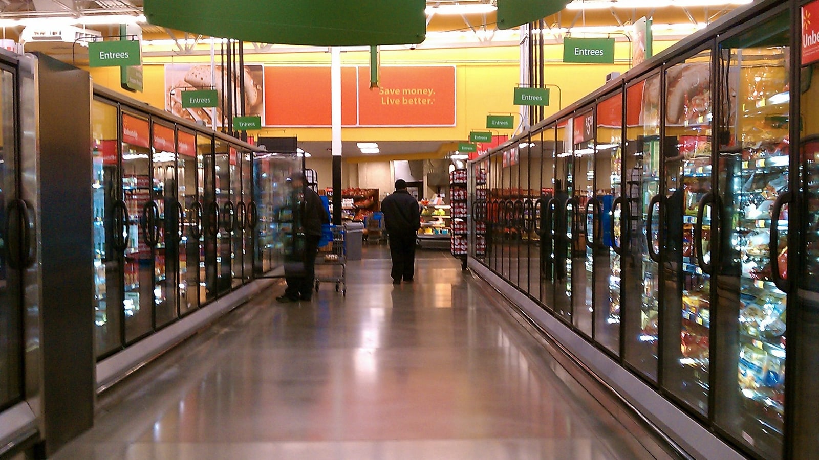 Refrigerated and frozen food cabinets in a United States supermarket, not one of the French stores affected